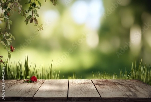 Fototapeta Rustic wood planks sit before a blurred green bokeh background with grasses and overhead vines, suggesting a peaceful nature setting