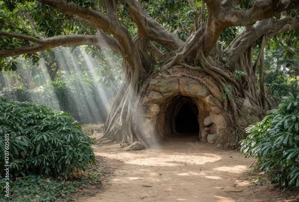 Fototapeta Bizarre tree trunk with roots enveloping a stone structure forming a dark cave, amidst green foliage & filtered sunlight