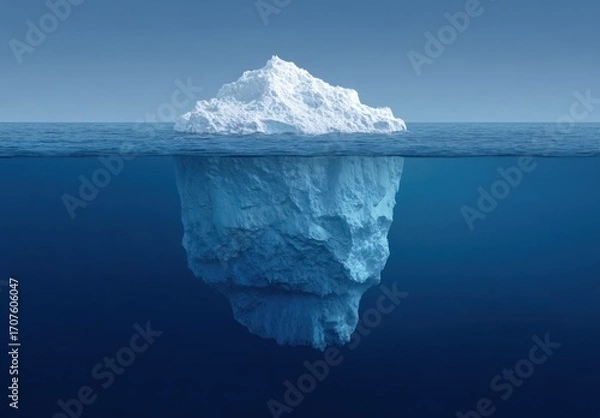 Fototapeta A large iceberg, with a small portion visible above the water and a vast, jagged mass hidden below, in the deep blue ocean