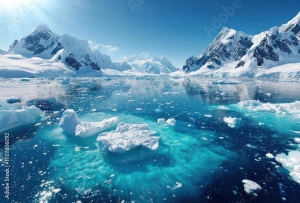 Fototapeta Antarctica scene showcasing a calm icy ocean reflecting snow-capped mountains against a clear, bright blue sky with floating ice formations