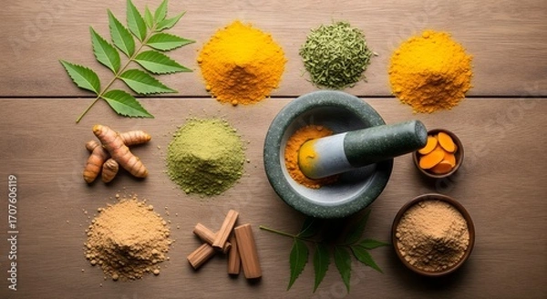 Fototapeta Overhead shot of herbs and spices with mortar and pestle on a wooden surface for natural remedies