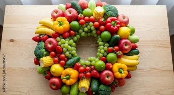 Fototapeta Vibrant wreath crafted from fresh fruits and vegetables, showcasing natural diversity and wholesome abundance on light wood surface