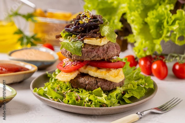 Fototapeta Beef burger without a bun, served on a plate with halloumi cheese.
