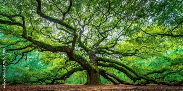 Fototapeta An expansive old tree with moss-covered branches reaching toward the earth creates a verdant canopy against a bright, soft sky