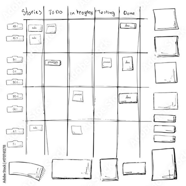 Fototapeta Scrum task board. Agile process in whiteboard table with sticky notes. Vector illustration in sketch style.