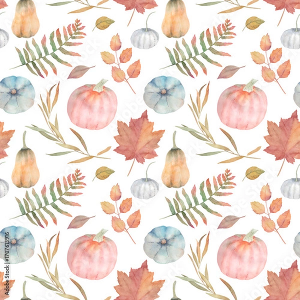 Fototapeta Watercolor semless pattern. Autumn print with leaves and pumkins. Hand drawn illustration