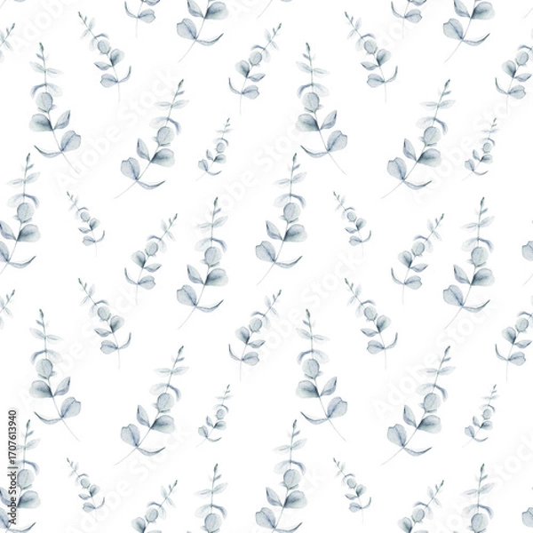 Fototapeta Watercolor seamless pattern. Vintage print with eucalyptus  branches. Hand drawn illustration on white background.