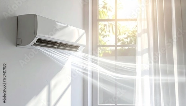 Fototapeta Air conditioner expelling cool air near window, bathing room in sunlight. Cooling comfort on a summer day