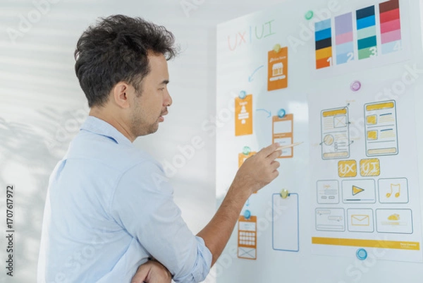 Fototapeta A creative designer is working on UX UI planning, reviewing wireframes, and adjusting color schemes for a mobile application project, showing focus and innovation in modern workspace.