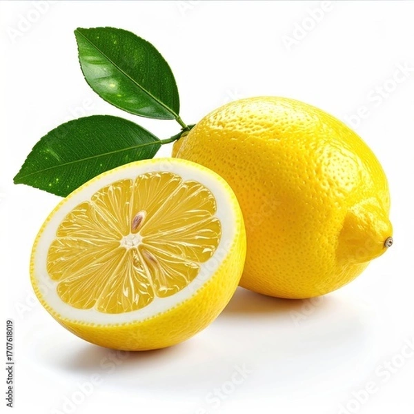 Fototapeta Ripe lemons with glossy green leaves. One is whole and the other halved, showing the juicy interior, isolated on a white background