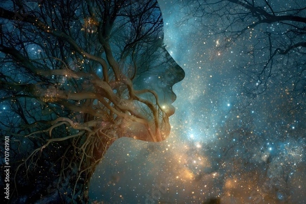 Fototapeta Cosmic Tree Portrait A Mystical Blend of Nature and Night Sky