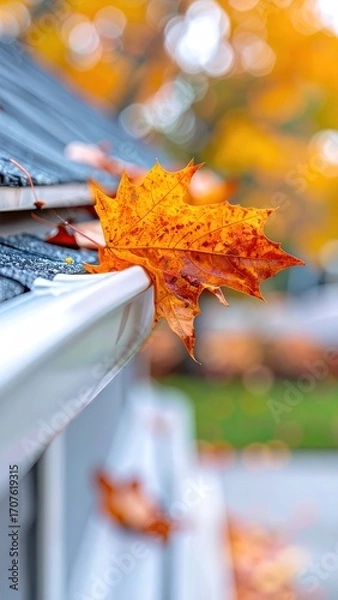 Fototapeta Close-up of an orange maple leaf resting on a white gutter against a blurred backdrop of colorful autumn foliage