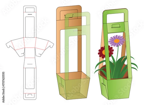 Obraz Printable Dieline Template for Flower Pot Packaging with Handle