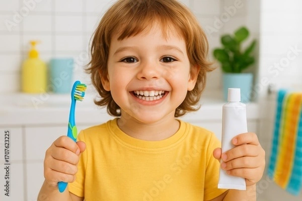 Fototapeta Smiling child holding toothbrush and toothpaste in bathroom, showing healthy teeth and good hygiene.