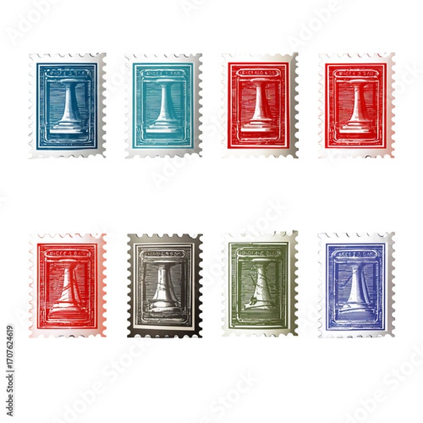 Fototapeta Six postage stamps, varying colors, with a common design