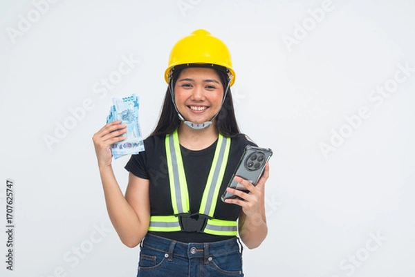 Fototapeta A cheerful young Asian woman captured in a half body shot wearing a safety helmet, holding her phone and money with a satisfied and joyful expression. Isolated on a white background.