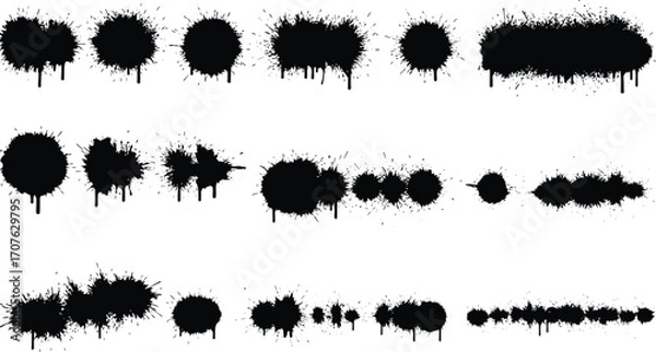 Fototapeta Collection of black spray paint splatters and drips on transparent background