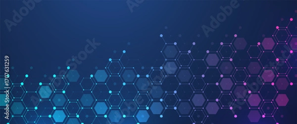 Fototapeta Molecular abstract structure and genetic engineering DNA. Healthcare and medicine background concept. Scientific research background. Wave flow. Innovation pattern. Vector illustration.