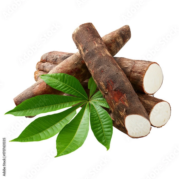 Fototapeta Raw yuca roots with leaves