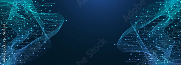 Fototapeta Modern technology circuit board texture background design. Quantum computer technologies concepts, large data processing. Futuristic blue circuit board background. Minimal vector motherboard