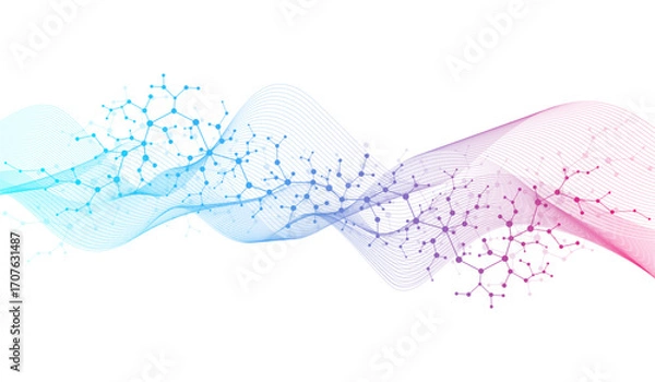 Fototapeta Molecular abstract structure and genetic engineering DNA. Healthcare and medicine background concept. Scientific research background. Wave flow. Innovation pattern. Vector illustration.