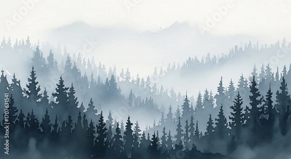 Fototapeta A serene, misty mountain range, blanketed in a dense forest, rendered in soft, cool tones.