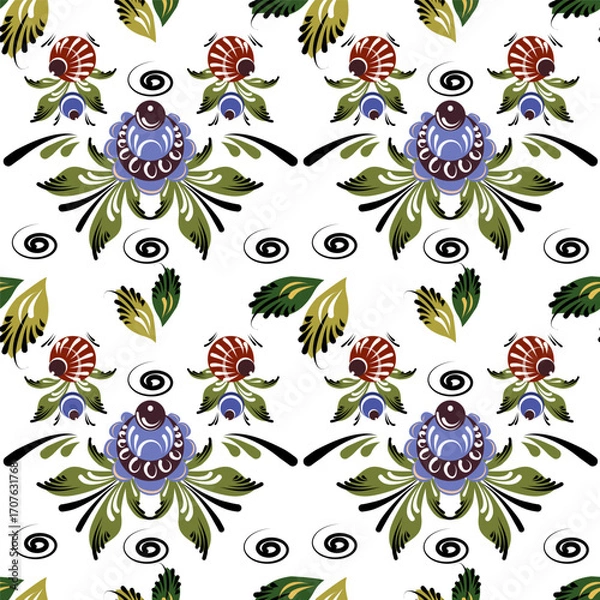 Fototapeta Vector seamless pattern with elements of Gorodets painting, blue flowers and berries. Folk Flower pattern on white background for fabrics, paper, textile, gift wrap