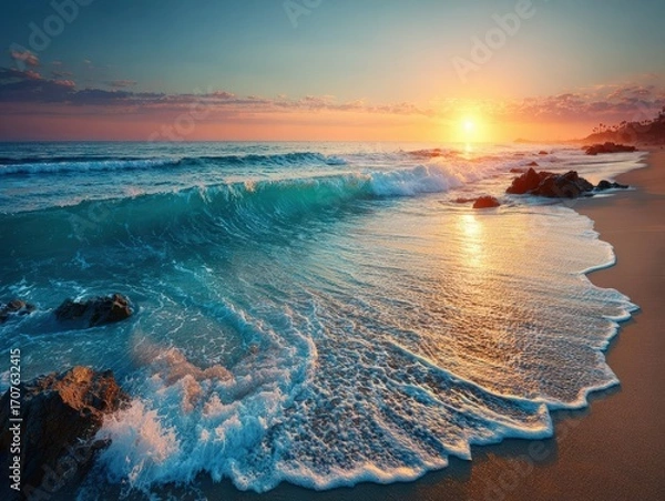 Fototapeta Wide-angle view of a serene beach at sunset, waves gently kissing the shore
