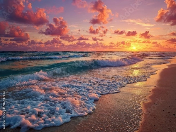 Fototapeta Wide-angle view of a serene beach at sunset, waves gently kissing the shore