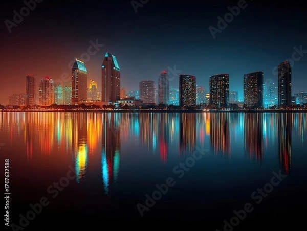 Fototapeta Wide-angle view of an enchanting city skyline, illuminated by vibrant, flickering lights