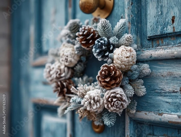 Fototapeta Winter wreath with frosted pinecones on a vintage door, eye-level angle, soft contrast