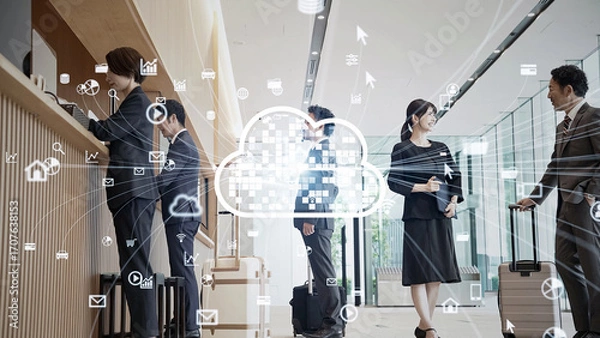 Obraz cloud, lobby, office, visitor, customer service, airport, hotel, reception, customer, register, guest book, guest, travel, tourism, businessperson, people, businessman, businesswoman, hotelier, servic