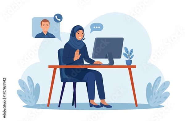 Fototapeta Muslim woman in hijab hosts video meeting with client on laptop. Remote work. Support customer care, online training, inclusive digital communication. Diverse team members connect through video call