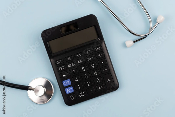 Fototapeta Top view of calculator and stethoscope