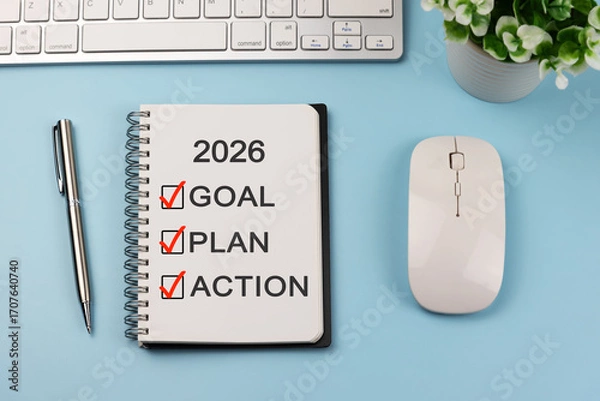 Fototapeta Notepad with text 2026 Goal, Plan, Action with checklist box New Year concept