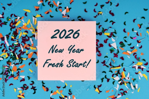 Fototapeta Confetti and sticky note with text 2026 New Year Fresh Start New Year concept
