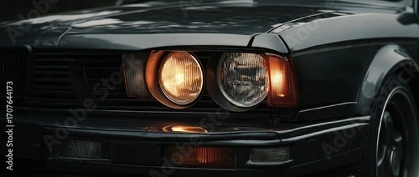 Fototapeta Close-up of a vintage dark-colored car's front, highlighting the turned-on headlights with an orange glow, grill, and other details