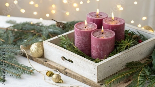 Fototapeta Four lit advent candles in a wooden box with evergreen branches and bokeh lights