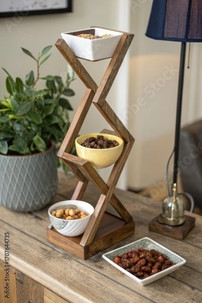 Fototapeta Rustic wooden tiered stand displaying snacks and plants