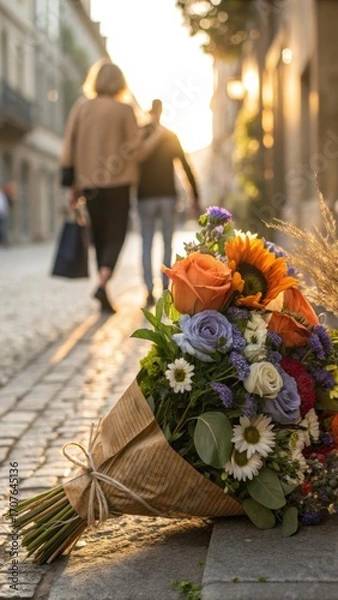 Fototapeta Vibrant bouquet of flowers on cobblestone street with blurred figures