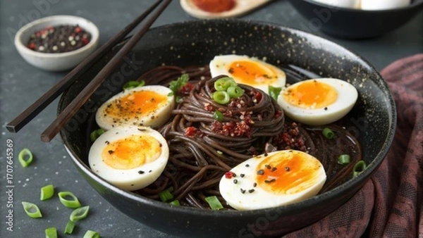 Fototapeta Delicious ramen bowl topped with soft boiled eggs and scallions
