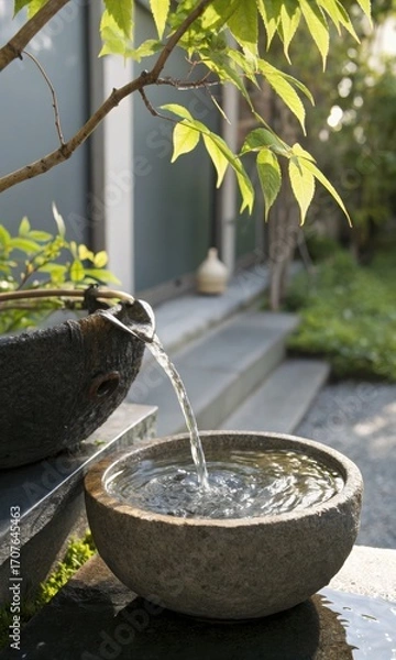 Fototapeta Tranquil garden water feature with flowing stream and lush greenery