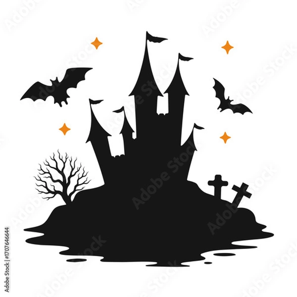 Fototapeta Silhouette of a spooky halloween castle with bats, tombstones, and a bare tree under a starry night sky
