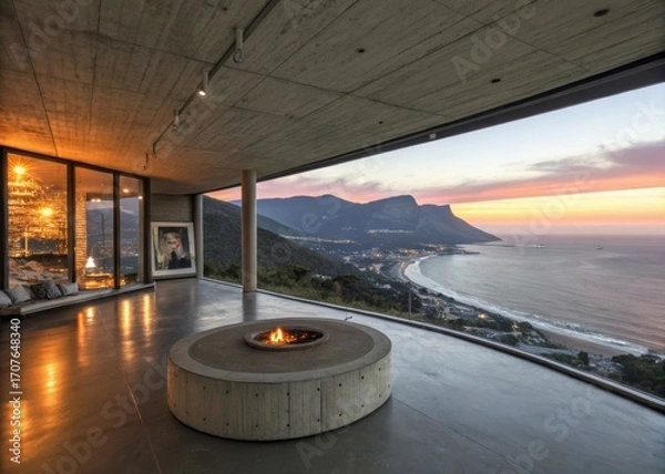 Fototapeta Modern luxury home with ocean view and fire pit