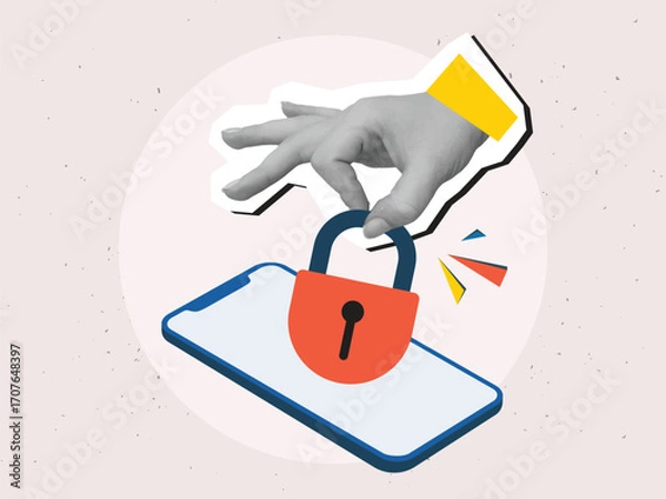 Fototapeta Black and white hand putting padlock on phone screen. Cyber ​​security and privacy concept. Modern photo collage style. Vector illustration