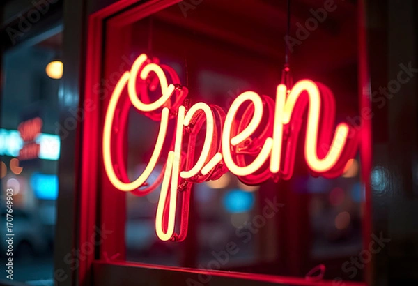 Obraz Neon sign of "Open" glowing in a cafe window at night, cinematic lighting, nostalgic and inviting