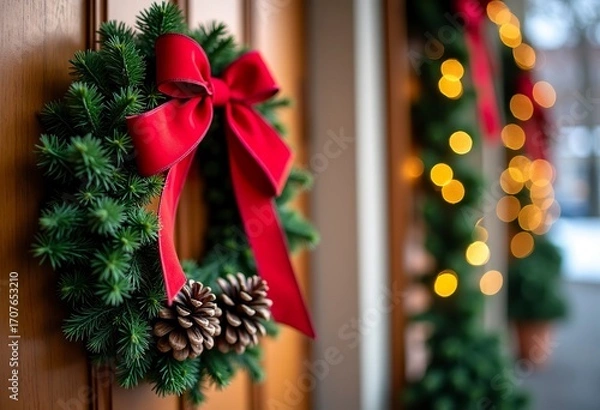 Obraz A Christmas wreath with red ribbons and pine cones on a wooden door, bokeh lights in the background