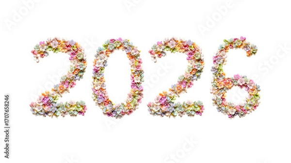 Fototapeta Floral number 2026 colorful flowers design white background Merry Christmas Happy New Year banner