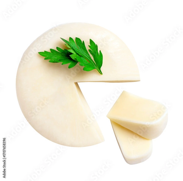 Fototapeta Cheese wheel suluguni with slices white background traditional dairy product top view