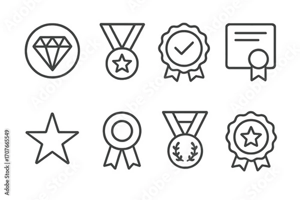 Obraz Set of 8 outline icons: medals, badges, diamond, star, certificates for achievement and recognition